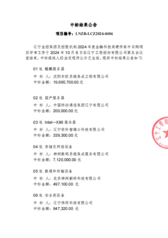 遼寧金控集團及控股機構(gòu)2024年度金融科技類硬件集中采購項目結(jié)果公告